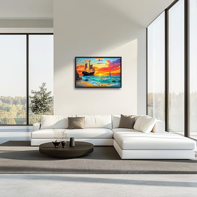 Framed Large Ship Wall Art for Living Room, Oversized Coastal Beach Boat Wall Decor Nautical Seascape Sailboat Canvas Painting Modern Artwork Home Decoration for Living Room Bedroom 36"x24"