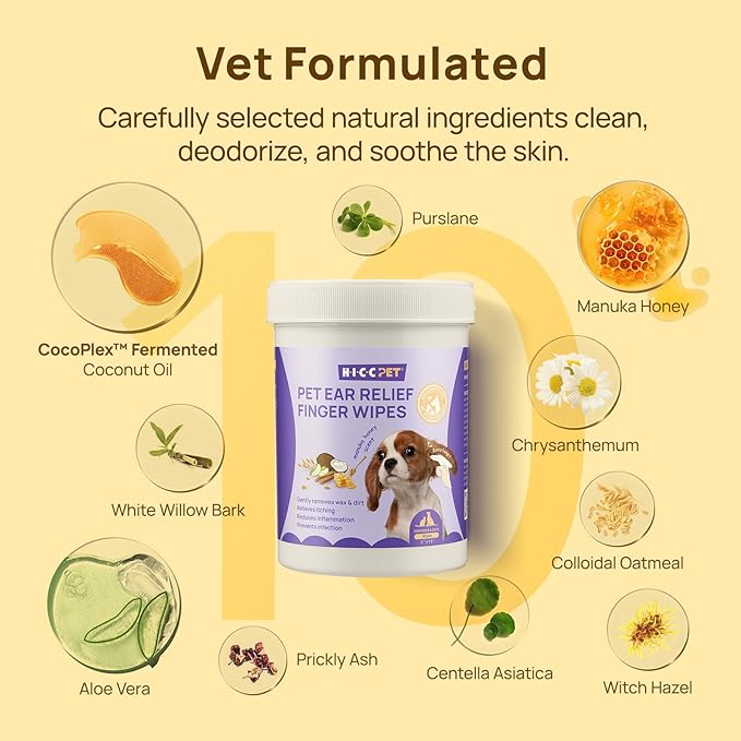 HICC PET Dog Ear Wipes Finger 100 Count Dog Ear Cleaner Wipes for Dogs & Cats, Dog Ear Infection Treatment to Relieve Ear Itching & Inflammation, Remove Ear Wax, Dirt, Smelly - Honey Scent