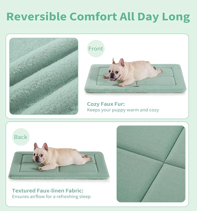 Made4Pets Dog Crate Pad Bed for Extra Large Dogs, Washable & Reversible, Anti-Slip Kennel Mat for Cozy Sleeping, Soft Fluffy Dog Bed for Indoor & Outdoor Use, 48"x30", Green