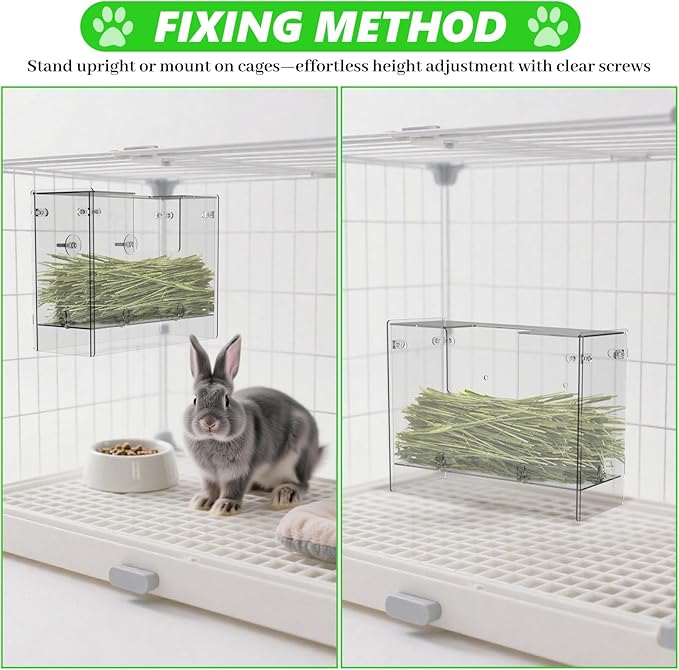 Acrylic Rabbit Hay Feeder with Lid, Transparent Hanging Food Dispenser Hay Feeder for Bunny Rabbits Guinea Pig Cage Chinchillas Hamsters Small Pets and Animals（Medium