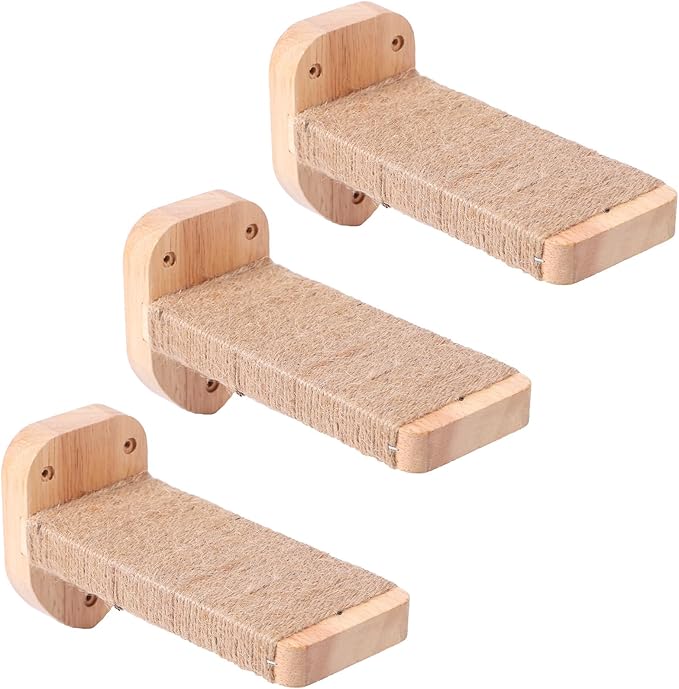 3pcs Cat Wall Steps, Climbing Mounted Furniture, Shelves With Hemp Rope Covered, Solid Wood Ladder for Playing and Climbing (Standard-Wood)