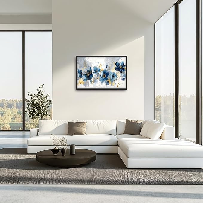 Extra Large Framed Abstract Blue Flower Wall Art,Oversized Golden Grey Floral Wall Decor Pictures for Living Room,Canvas Print Painting Modern Artwork Bedroom Office Bathroom Home Decor 36L" x 24W"