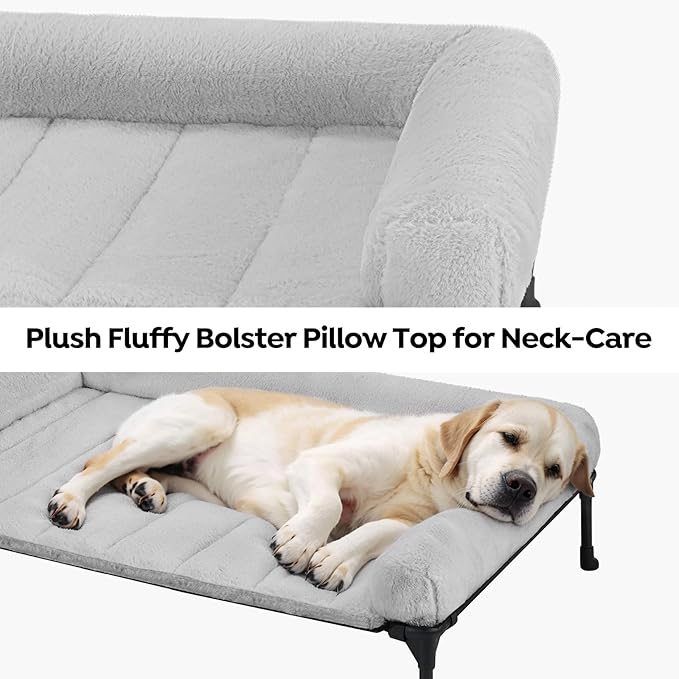 Veehoo Cooling Elevated Dog Bed with Fluffy Plush Bolster Cushion, Indoor Raised Dog Beds for Large Dogs, Soft Pet Sofa Cot with Removable Washable Mat, No-Slip Feet, 42 x 30 inches, Grey