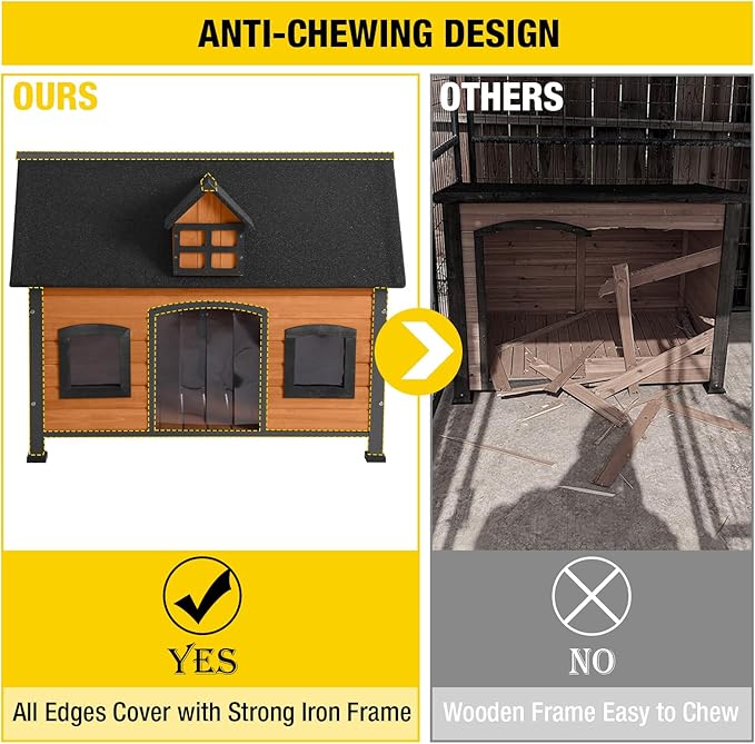 Aivituvin Large Dog House Anti-Chewing Metal Frame Design Insulated Wooden Dog Kennel with Unique Design Roof, Weatherproof Dog House for Outdoor Indoor