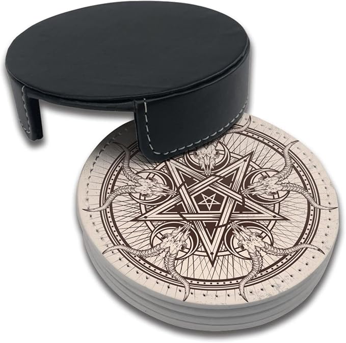 Satan Goat Skull Coasters for Drinks with Holder Leather Coasters Set of 6 for Coffee Table