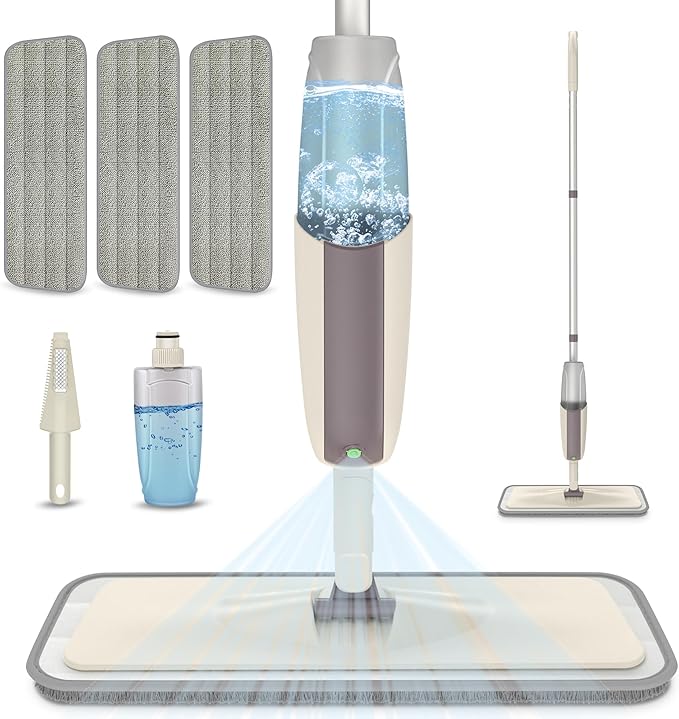 Spray Wet Mops for Hardwood Floor Cleaning - MEXERRIS Dust Dry Mops with 3 Reusable Washable Pads Wood Floor Mop with Spray Home Commercial Use Hardwood Laminate Wood Ceramic Tiles