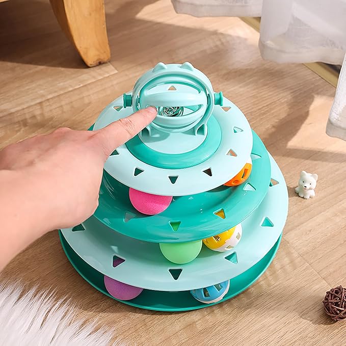 Vealind Cat Toy Roller 4-Level Turntable Cat Toys Balls with Colorful Pom Pom Balls Interactive Fun Mental Physical Exercise Puzzle Kitten Toys (Green)