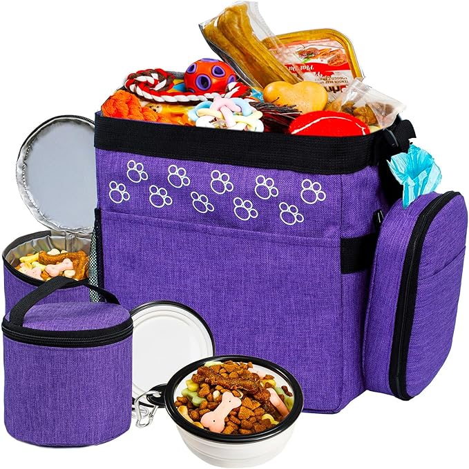 Dog Travel Bag with Treat Pouch, Airline Approved Dog Bags for Traveling, 2 Dog Food Travel Container, 2 Travel Bowls, Weekend Dog Travel Bag for Supplies, Dog Travel Kit Accessories