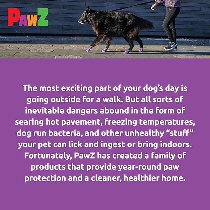 PawZ Rubber Dog Boots for Paws up to 4", 24 Total (2 Packs of 12) - All-Weather Dog Booties for Hot Pavement, Snow, Mud, and Rain - Waterproof, Anti Slip Dog Socks - Large, Purple