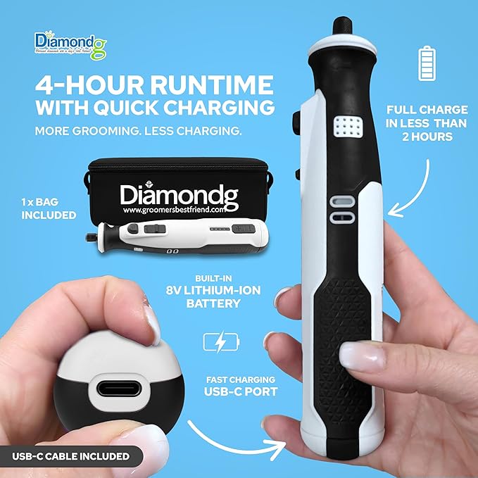 Diamondg Cordless Dog Nail Grinder with Quiet Sound & LED Tip for Large & Small Dogs, 4hrs. Runtime - Electric Dog Nail Trimmer, Heavy Duty Rotary Tool Alternative to Toenail Clippers & Filers
