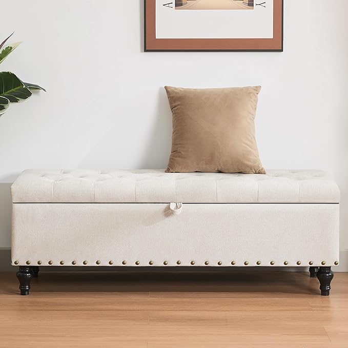Mangodan51” Linen End of Bed Storage Bench, Tufetd Upholstered Storage Ottoman Bench with Safety Hinge, 330 lb Large Ottoman with Storages for Living Room, Entryway & Bedroom, Window Benches, Beige