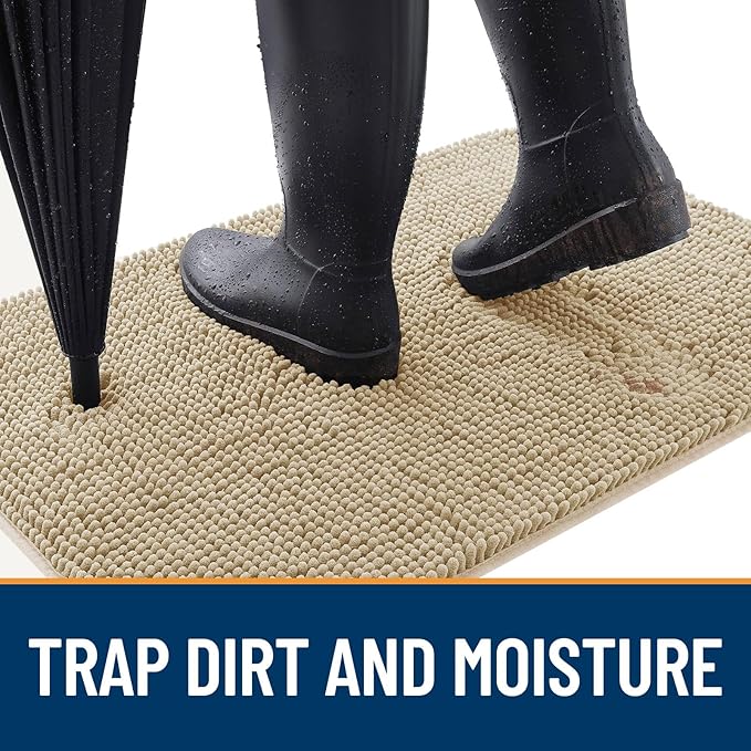 OLANLY Dog Door Mat Set 2-Piece 30x20, Absorbs Moisture and Dirt, Absorbent Non-Slip Washable Doormat, Quick Dry Chenille Mud Mat for Dogs, Entry Indoor Entryway Carpet for Inside Floor, Beige