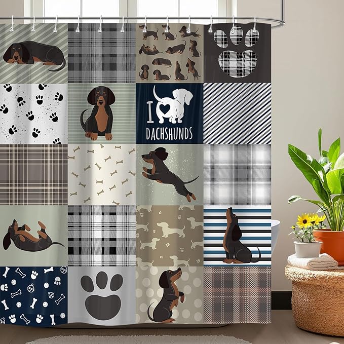 Sausage Dog Shower Curtain Set，Dachshund Grey Brown Grid Fun Animals Bathroom Decoration，Polyester Fabric Waterproof Bath Curtain 72x72 Inch with 12 Hooks