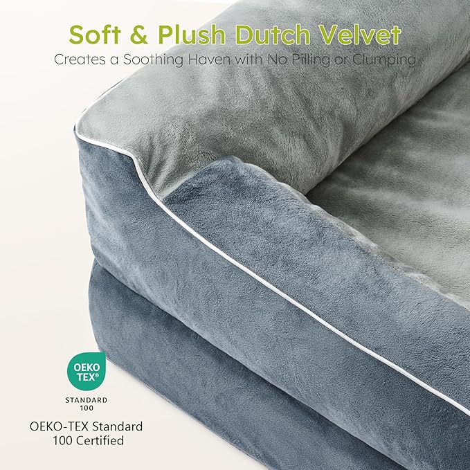 Jumbo Dog Bed for Extra Large Dogs, Orthopedic Dog Bed with Cooling Gel Memory Foam, Waterproof Pet Bed with Removable Washable Cover, 45" Pet Sofa Couch Dutch Velvet with Bone Toy, Dark Gray