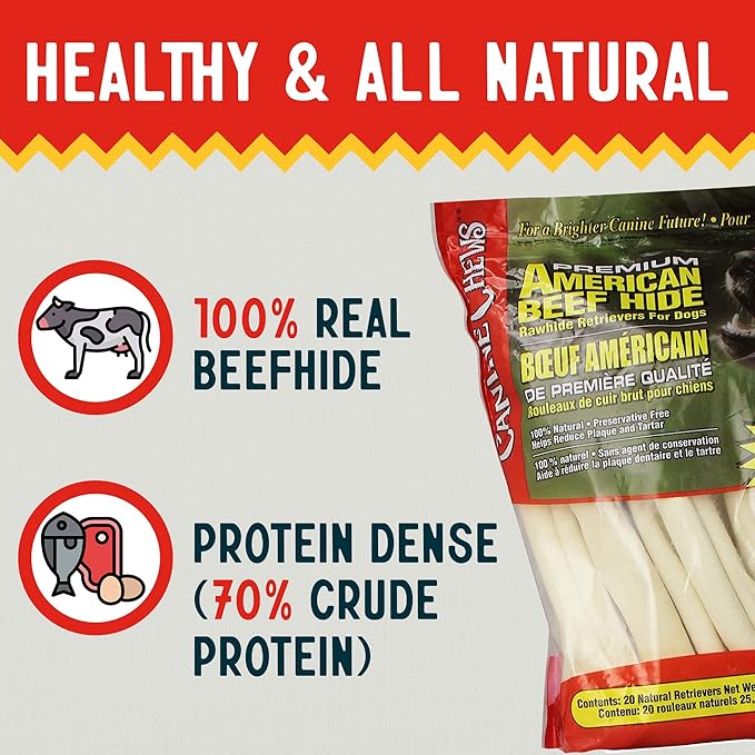 Canine Chews 10-11" Rawhide Bones for Large Dogs, Durable USA Beefhide Dog Rawhide Chews, Retriever Rolls 20 Pack (5 lbs)