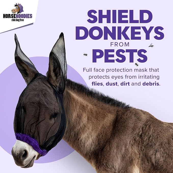 Donkey Fly Mask with Long Ears (Black) Made in USA - Mule Fly Mask with Ears Protection from Insects and Bugs, Small Donkey Soft Mesh Fabric with Adjustable Fastener, Face Cover Supplies for Donkeys