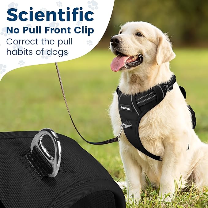 Funfox Dog Harness No Pull, Adjustable Dog Vest Harness Super Soft, 2 Leash Clips Anti Pull, Vertical Handle Easy to Control, Reflective Night Walking for Large Breed, Black, L