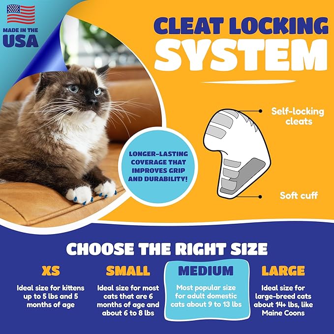 Soft Claws Cat Nail Caps for Medium Cats – (40 Caps, Blue) - Made in USA - Veterinarian-Developed | Protects Furniture & Skin - Easy to Apply, Long-Lasting Anti-Scratch Soft Cat Claw Covers