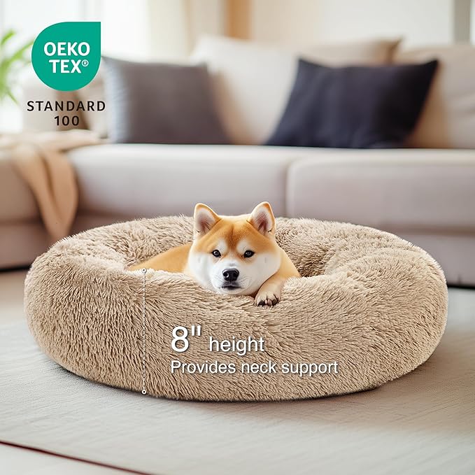 Love's cabin Calming Dog & Cat Bed, Cat Bed for Indoor Cats,Anti-Anxiety Donut Round Dog Bed,Fluffy Faux Fur Washable Bed for Small Medium Pet,Beige,Taupe,30"