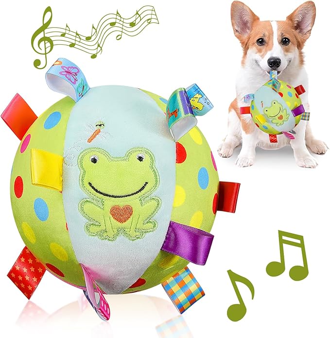 Dog Squeaky Plush Toy with Straps, 6-Inch Soft Stuffed Ball with Cotton Material and Bell Built-in, Pet Interactive Fetch Toy for Small to Large Dog