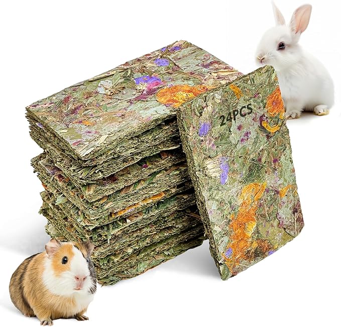 Fhiny 24 PCS Rabbit Timothy Hay Chips Toys, Natural Bunny Molar Treats with Herbal Flowers Rabbit Chew Toys for Teeth Small Animal Snacks for Rats Chinchillas Guinea Pigs Hamsters