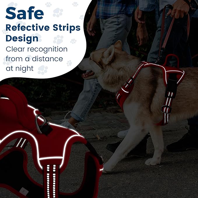 Funfox Dog Harness No Pull, Adjustable Pet Vest Harness, Super Soft Material with Vertical Handle Easy Control, Reflective Night Walking, 2 Leash Clips for Large Dogs, Red, L