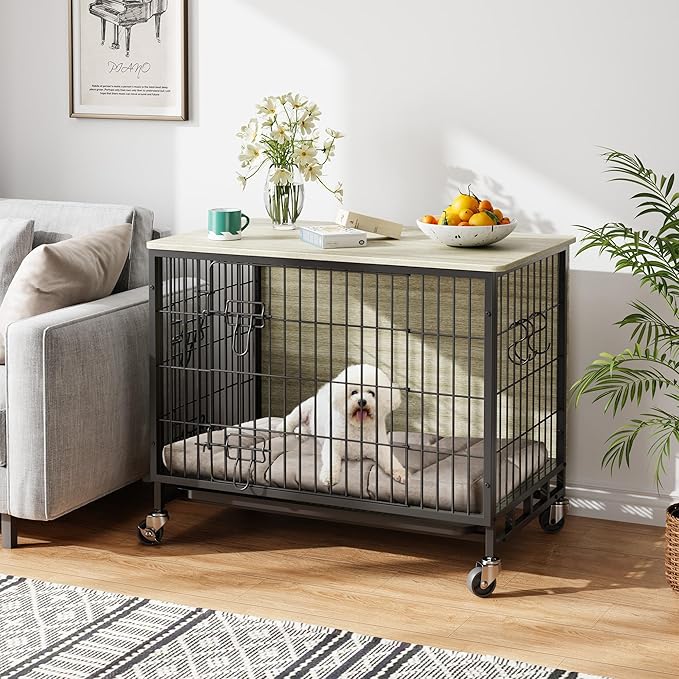 Dog Crate Furniture, 27.2" Small Dog Kennel Wooden Dog Crate with Pull-Out Tray, Double Doors, Modern End Table for Small/Medium Dogs, Rustic Brown