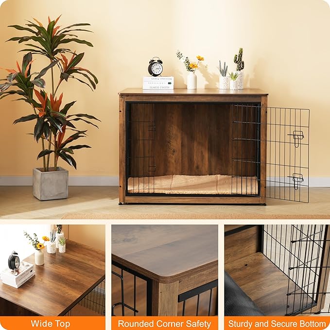 DWANTON Dog Crate Furniture with Cushion, Wooden Kennel Table with Double Doors, Indoor Dog House, Extra Large, 43.3" L, Warm Brown