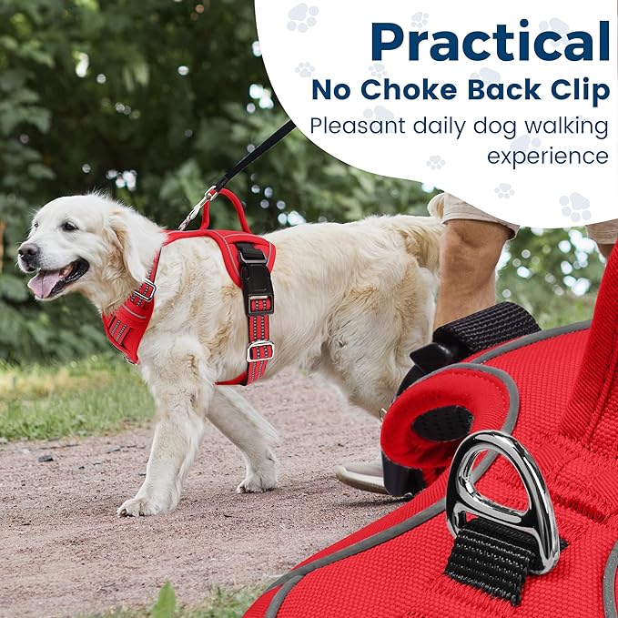 Funfox Dog Harness No Pull, Adjustable Pet Vest Harness, Super Soft Material with Vertical Handle Easy Control, Reflective Night Walking, 2 Leash Clips for Large Dogs, Red, L