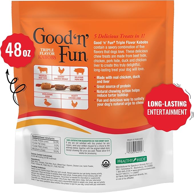 Good'n'Fun Triple Flavored Rawhide Kabobs for Dogs 3 Pound (Pack of 4)