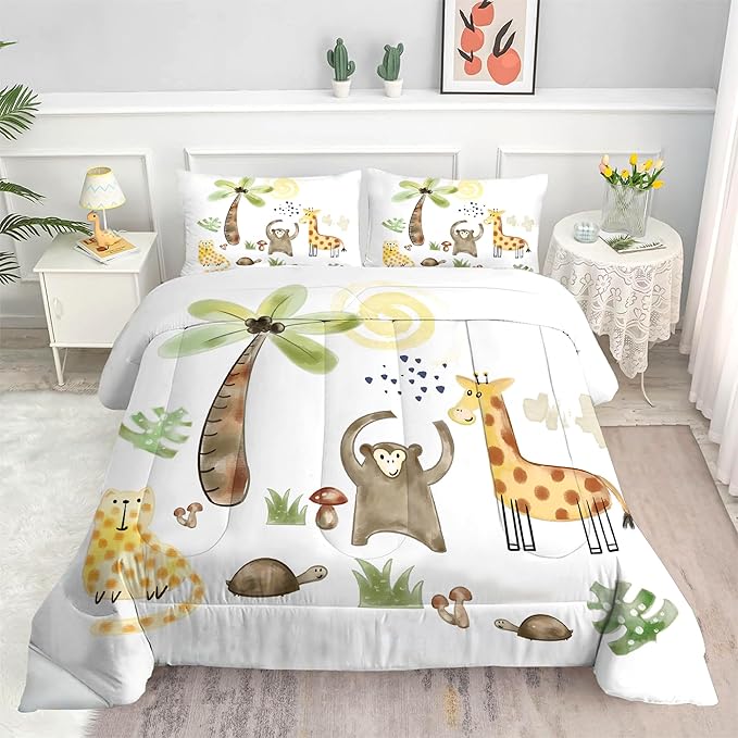 Safari Animals Comforter Set: King Size Woodland Animal Bedding Sets for Adults Teens Girl Boy Cartoon Forest Jungle Giraffe Monkey Quilts Wildlife Duvet Bed Sets 3 Piece