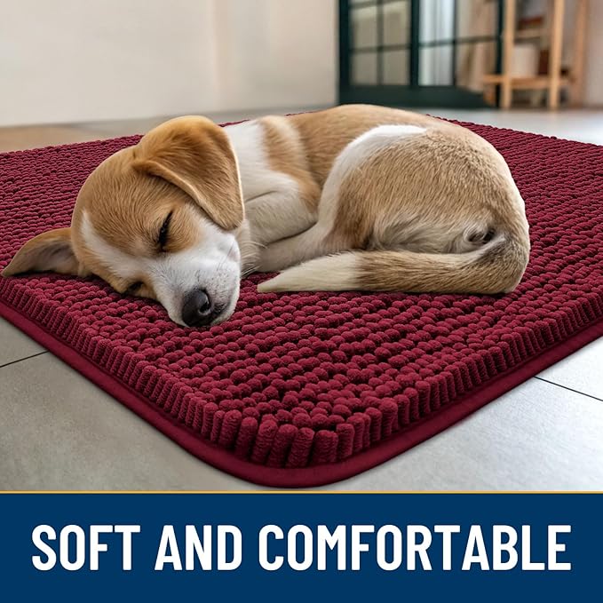 Smiry Dog Door Mat for Muddy Paws 48x30, Absorbs Moisture and Dirt Doormat, Non-Slip Washable Quick Dry Chenille Front Door Mat Indoor Entrance, Entryway Carpet for Inside Floor, Burgundy