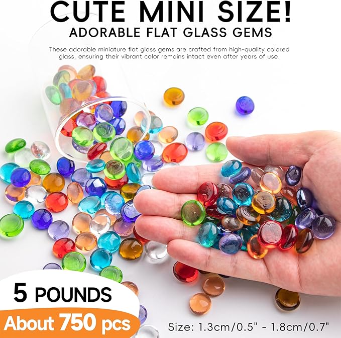 5 LB Mix Color Glass Beads, Mini Flat Glass Marbles~750PCS for Vases, Floral Bottom Mancala Gems Pebbles Fish Tank Rocks for Table Scatter Aquarium,Vase Fillers,Home Decorative Art Craft(0.5"~0.7")