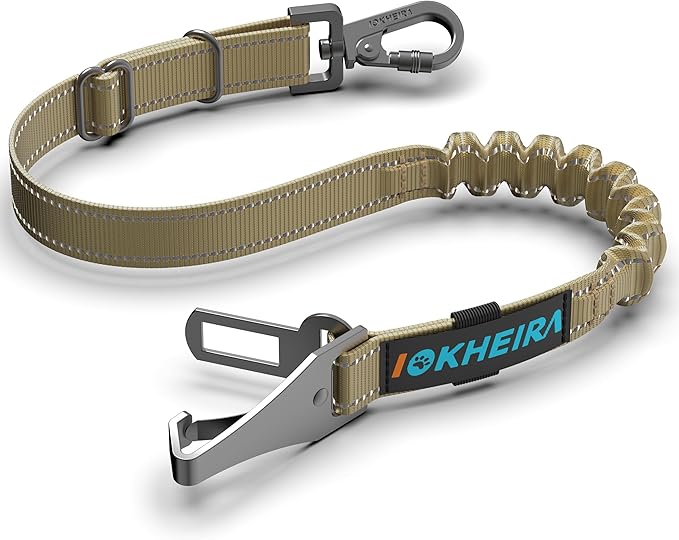IOKHEIRA Dog Seat Belt 3-in-1 Car Harness for Dogs Adjustable Safety Seatbelt for Car Durable Nylon Reflective Bungee Fabric Tether with Clip Hook Latch & Buckle, Swivel Zinc Alloy Carabiner Green
