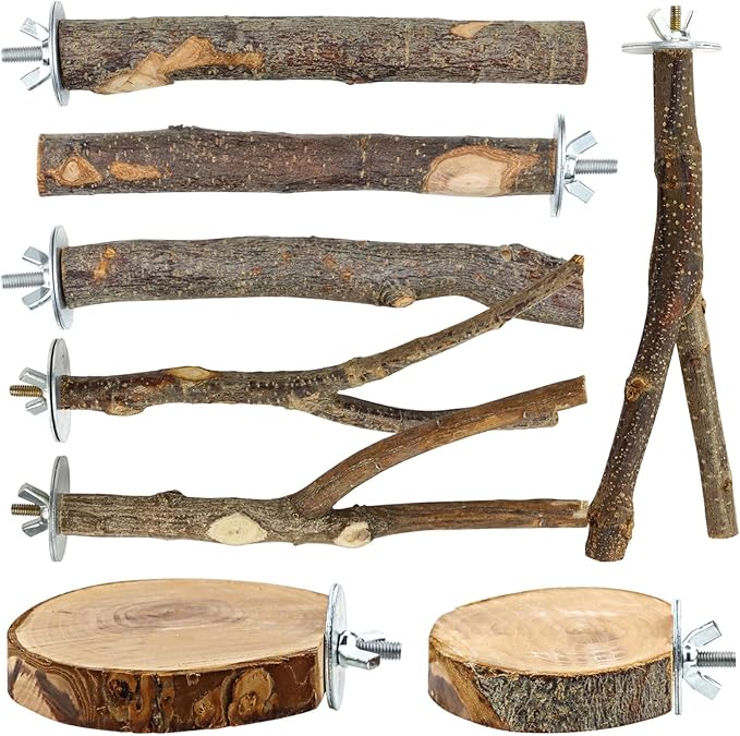 Natural Wood Bird Perches for Cage, Parrot Perch Stand & Platform, Bird Cage Accessories for Parakeets, Cockatiels, Conures, Lovebirds (Brown, Core Perch & Platform - 8PCS)