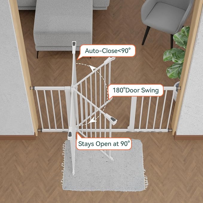 BABELIO 36" Tall Baby Gate, 29-55" Auto Close Pressure Mounted Dog Gate for Doorways & Hallway, Pressguard Basics Easy Walk Thru Pet Gate, Extra Wide Metal Child Gate, White