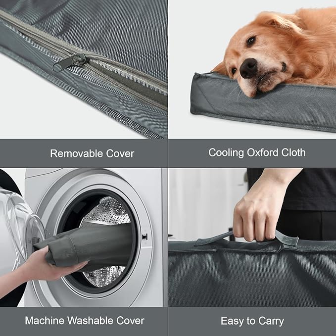 Outdoor Extra Large Dog Crate Bed, Big Waterproof Dog Bed for Large Dogs, Orthopedic Egg Foam Pet Bed Mat with Removable Cooling Cover, Grey