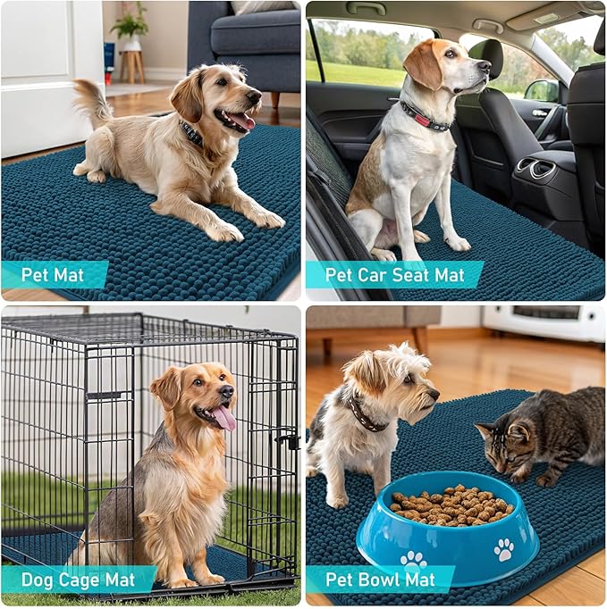 OLANLY Dog Door Mat Set 4-Piece 24x16, Absorbs Moisture and Dirt, Absorbent Non-Slip Washable Doormat, Quick Dry Chenille Mud Mat for Dogs, Entry Indoor Entryway Carpet for Inside Floor, Atlantic Blue