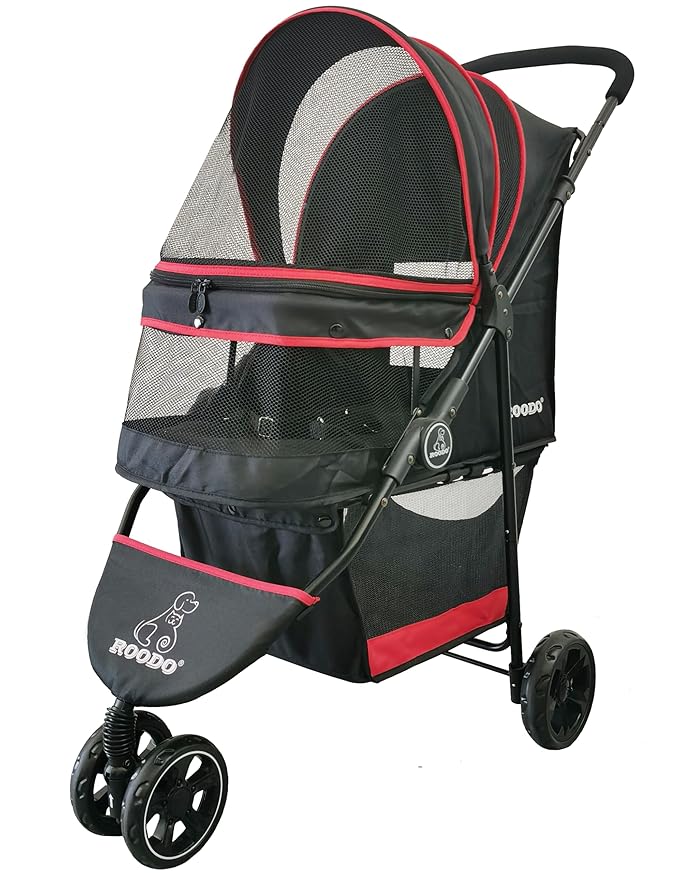 ROODO Escort 3 Wheel Dog Cat Pet Stroller for Small/Medium Dogs Cats Best Lightweight Foldable Portable Compact Jogger Travel All Terrain Pet Gear System Puppy Doggie Bunny Kitty Stroller(Black)
