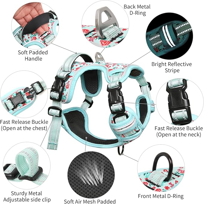 Timos Dog Harness, No-Pull Pet Harness with 2 Leash Clips, 3 Snap Buckles Adjustable Soft Padded Dog Vest, Reflective No-Choke Pet Oxford Vest with Easy Control Handle for Small Medium Large Dogs