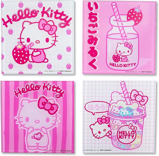 Sanrio Hello Kitty Strawberry Milk Glass Coasters for Drinks, Set of 4 | Tabletop Protection for Home Kitchen, Dining Room Table