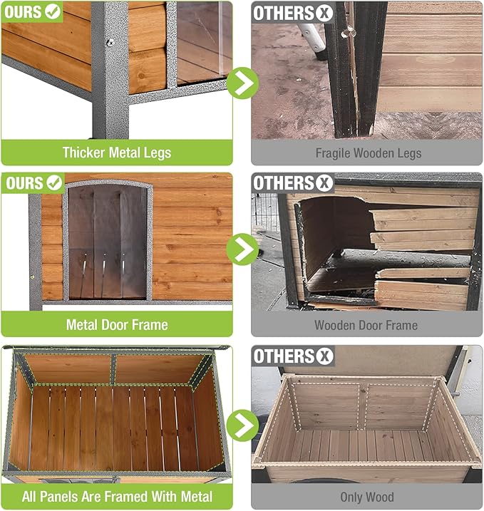 GUTINNEEN Chew Proof Dog House with Metal Iron Frame Outdoor Dog Kennel for Small Medium Large Indoor Dog Cage (33.5" L,Brown Color)