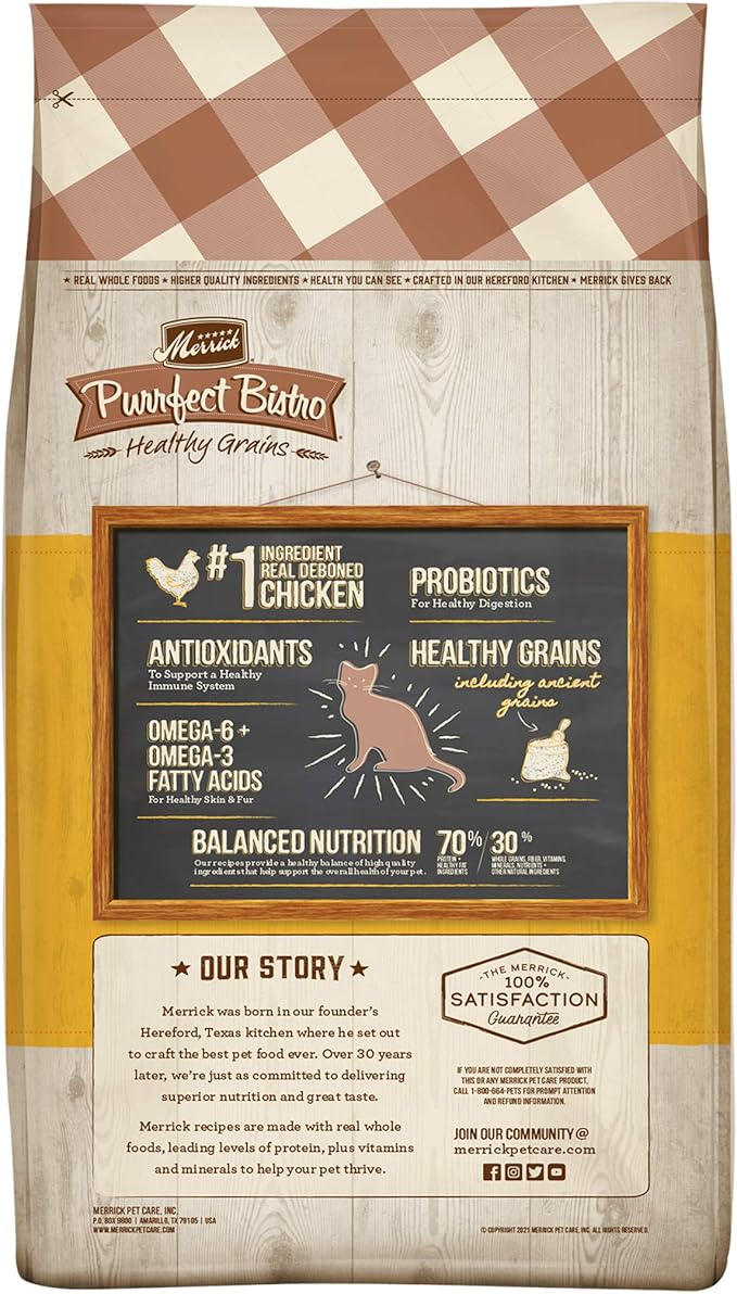 Merrick Purrfect Bistro Premium Healthy Grains Dry Cat Food For Adult Cats, Real Chicken And Brown Rice Recipe - 12.0 lb. Bag