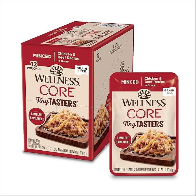 Wellness CORE Tiny Tasters Minced Adult Wet Cat Food, Natural, Protein-Rich, Grain Free, 1.75-Ounce Pouch, 12 Pack, (Chicken & Beef)