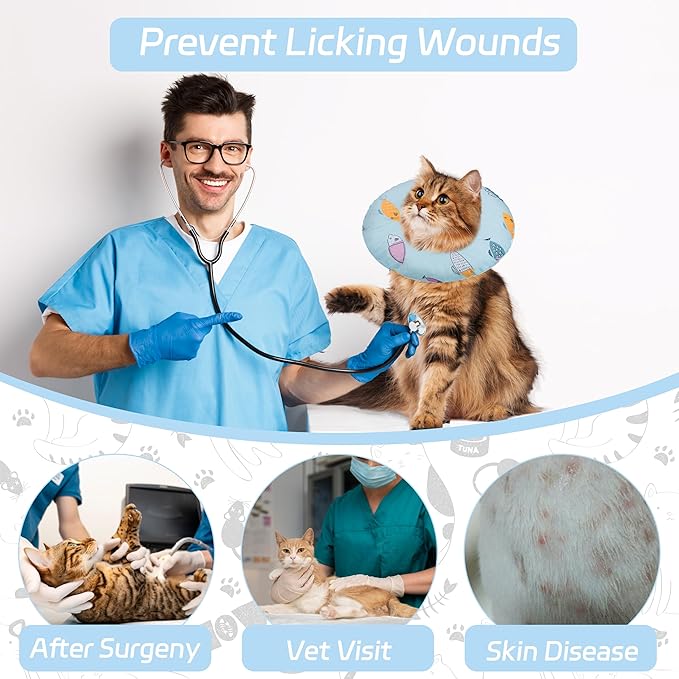 Cat Cone Collar Soft, Adjustable Cat Recovery Collars Kitten Cones to Stop Licking, Cute Donut Cones for Cats After Surgery, Elizabethan Collar for Kittens After Spay(Blue Fish, Large)