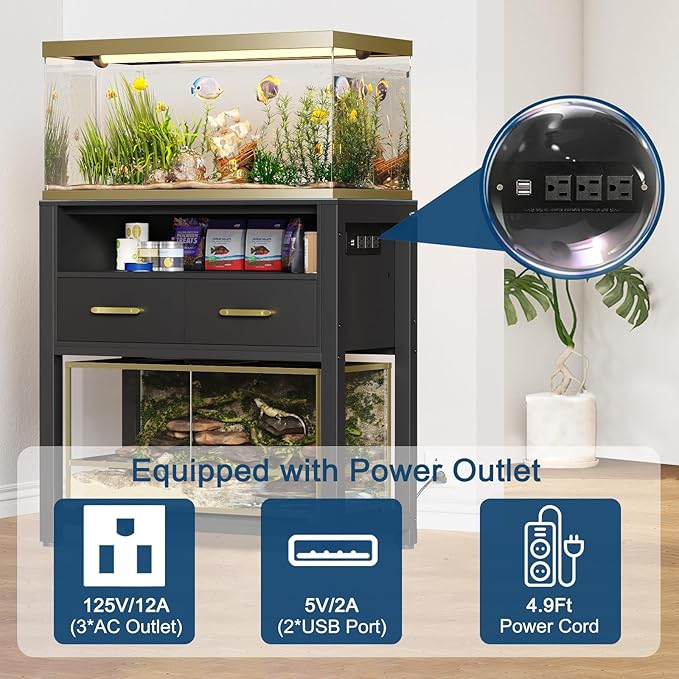 20-29 Gallon Aquarium Stand with Power Outlet & 2 Storage Drawers, Heavy Duty Metal Frame Fish Tank Stand with Waterproof Mat, 30.7" L*15.7" W Tabletop, 550LBS Capacity, Black