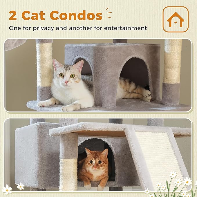 81 Inches Tall Cat Tree for Indoor Cats Large Adult - Heavy Duty Multi-Level Cat Tower with Large Metal Frame Hammock, Scratching Pad, 2 Top Perches, 2 Cozy Condos & 6 Scratching Posts - Gray