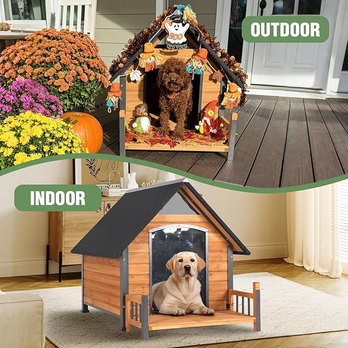Large Dog House Outdoor Insulated Weatherproof Dog Kennel with Insulated Liner, Dog Shelter for Large Breed with Anti-Chewing Iron Fram and Porch (Brown, 50.9" D x 37.4" W x 37.2" H)