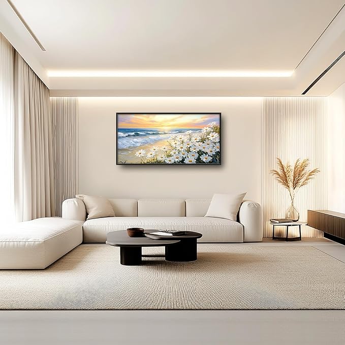 Large Beach Daisy Wall Art, Framed Coastal Beach Wall Decor for Living Room, Oversized Sunrise Canvas Painting Seascape Pictures Home Decoration for Living Room Bedroom Office 60"x30"