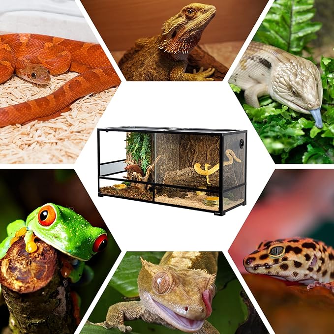 REPTIZOO 88 Gallon Large Reptile Terrarium 48" x 18" x 24" Knock-Down Glass Reptile Tank with Double Hinge Door & Screen Ventilation, Supporting Used as 2 Separate Habitats Easy Assembly